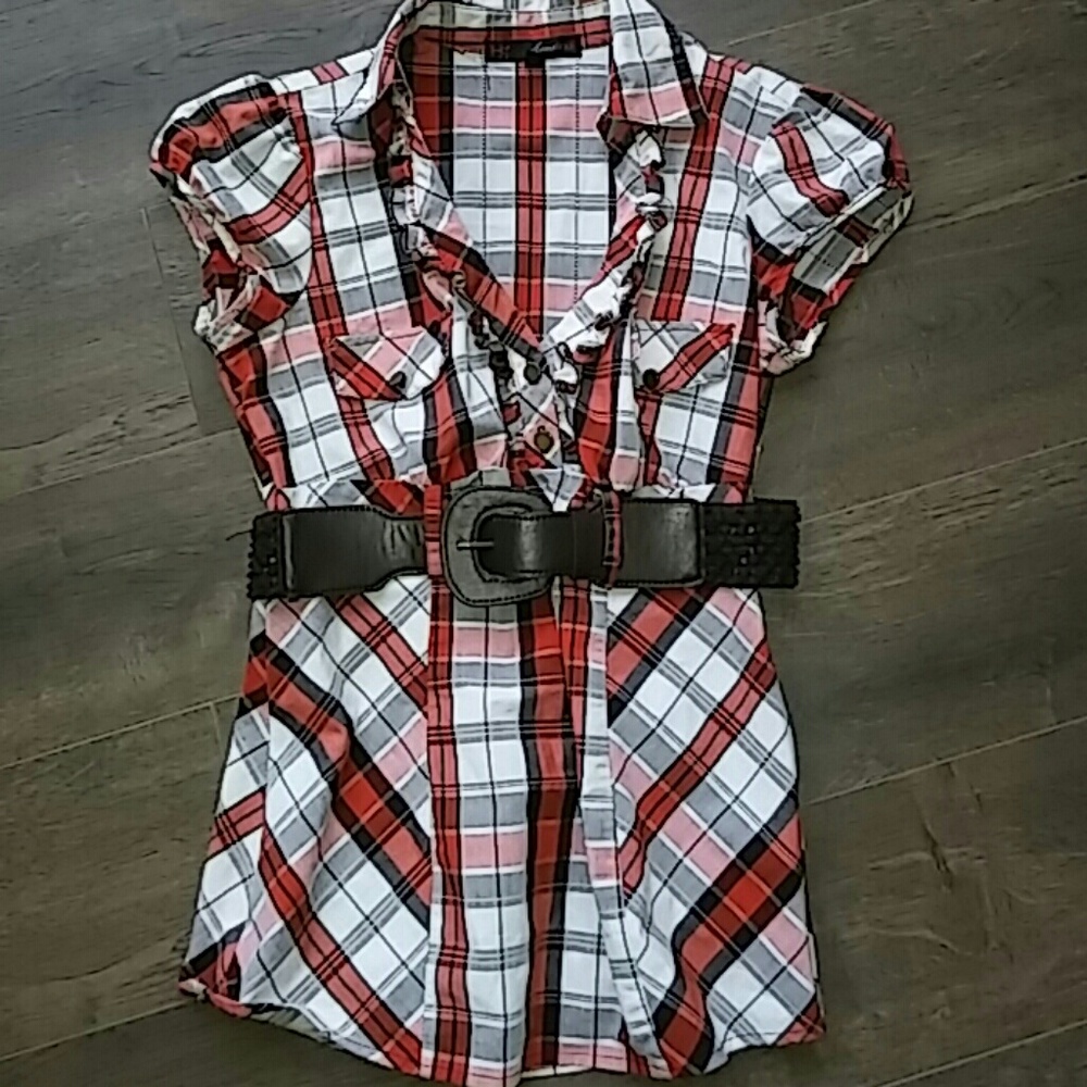 Belted Plaid Top